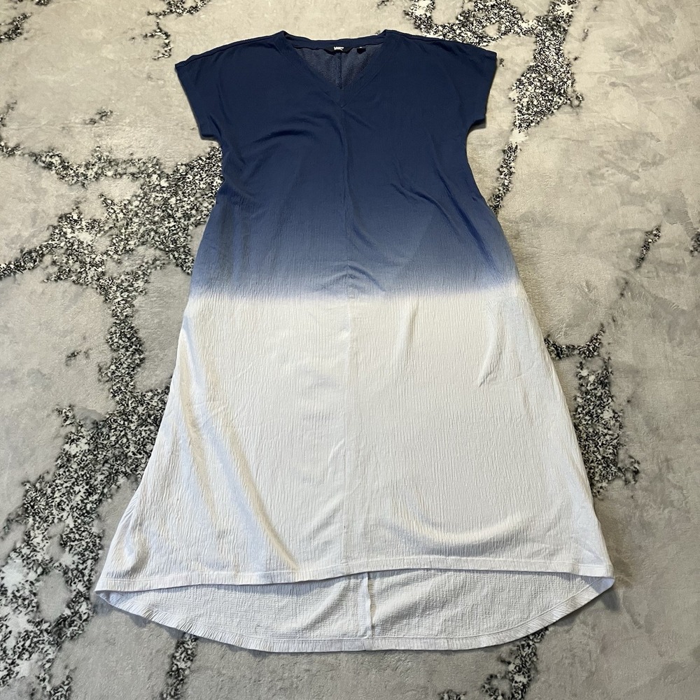 Lands End Dress Womens Sz M Blue Ombreโ V-Neck Short Sleeve dip-dye Casual